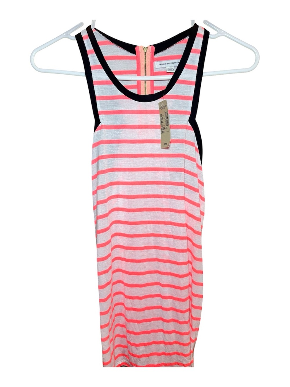 American Eagle Outfitters Neon Coral & White Striped Tank with Black Trim